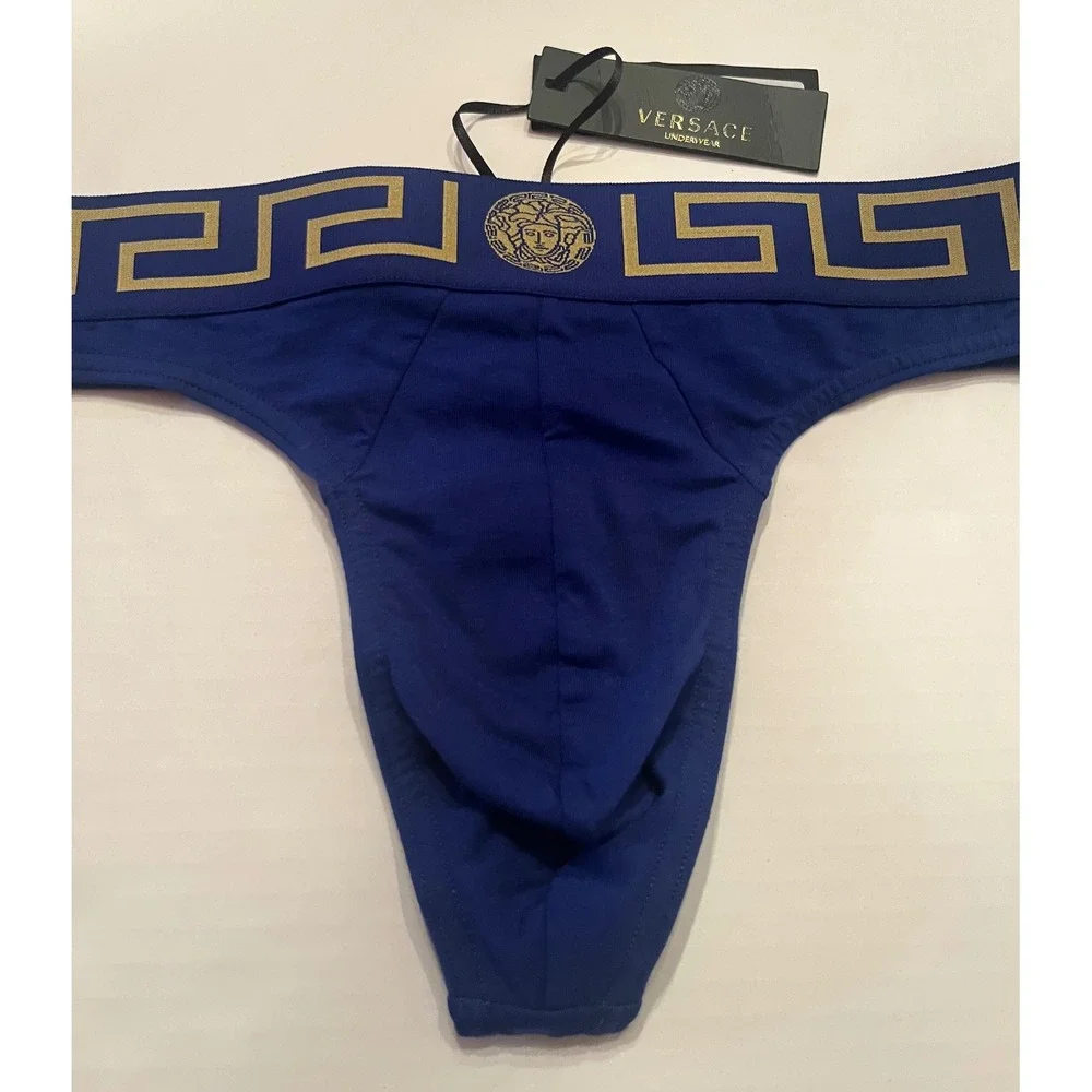 Versace Men's‎ Thong Briefs Underwear Blue with Gold Logo Size 7 or XL
